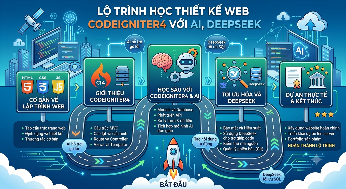 Lộ trình học thiết kế web CodeIgniter 4 với AI & DeepSeek